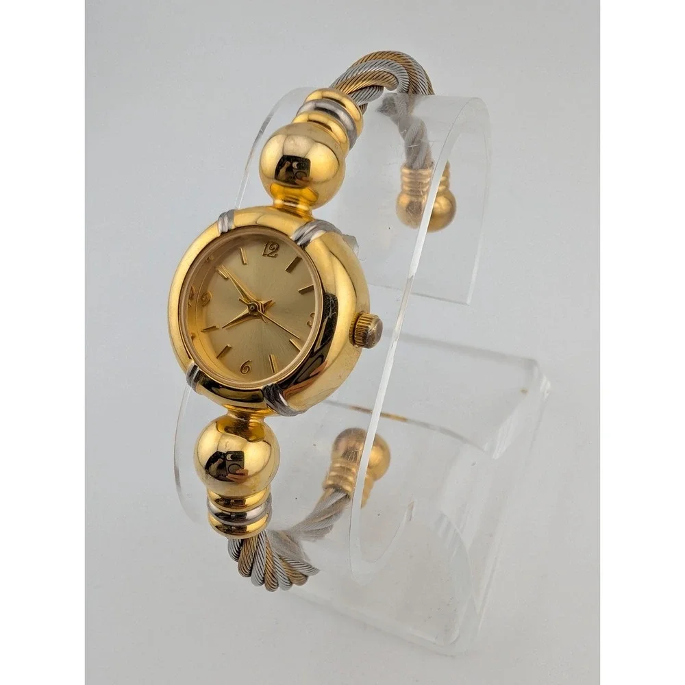 Women's 23K Gold Plated Bangle Watch 23mm Case Twisted‎ Metal Band- New Battery